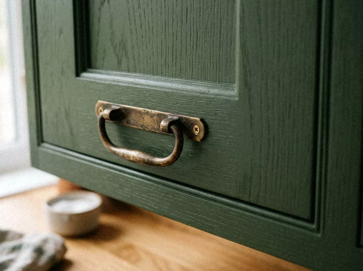 Détail d'un meuble peint en vert profond au grain de bois visible, poignée en laiton patiné