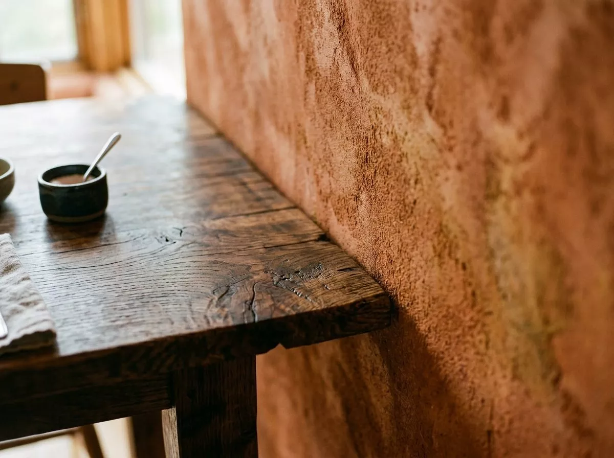 Mur terracotta en enduit d'argile contre un plateau de bois brut
