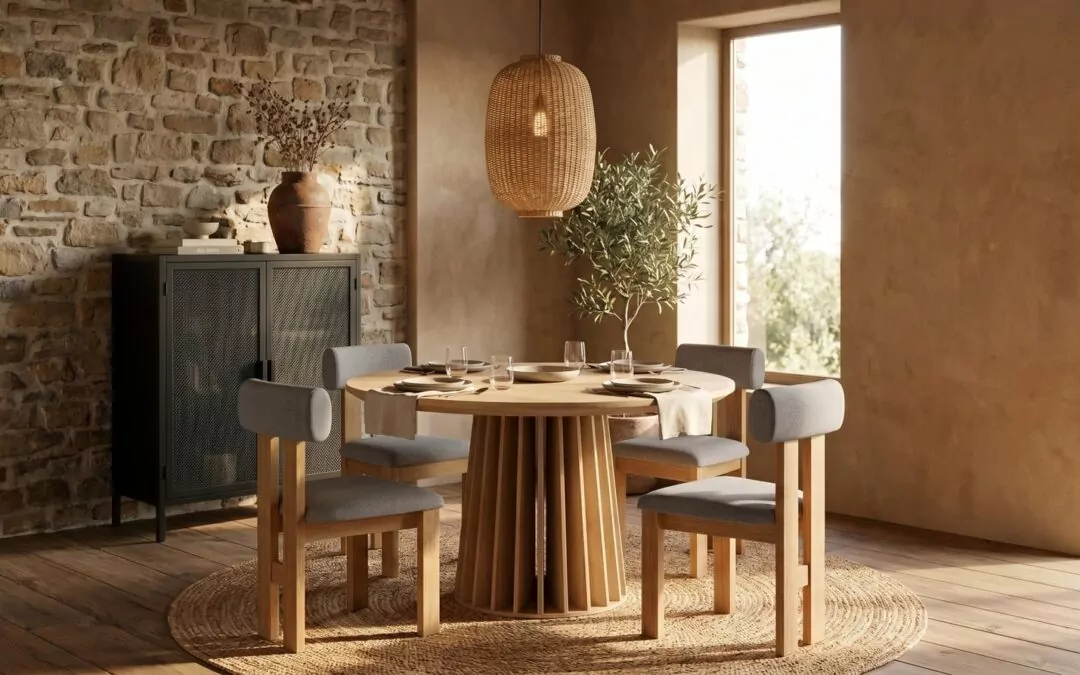 Salle à manger organique : table ronde en chêne, chaises naturelles, suspension en rotin, buffet noir, vase terracotta, mur de pierre.