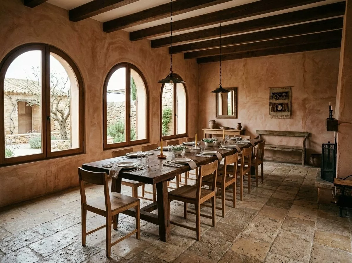 Salle à manger en terracotta et bois, grande table sous des fenêtres cintrées