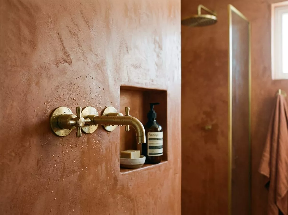 Salle de bain terracotta, douche et robinetterie en laiton patiné