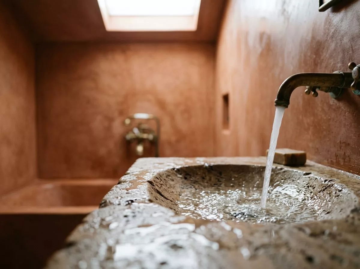 Salle de bain en terracotta, vasque taillée dans la pierre