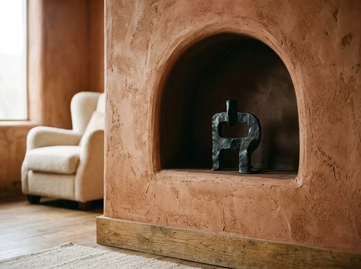 Terracotta intérieur et beige, niche sculptée et fauteuil en bouclette