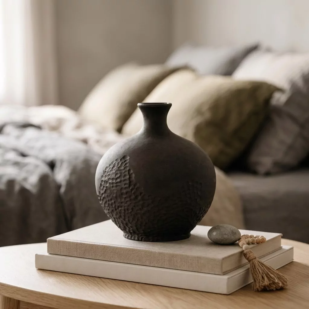 Vase boule en céramique noire mate posé sur des livres en lin, chambre aux coussins de lin et galet décoratif