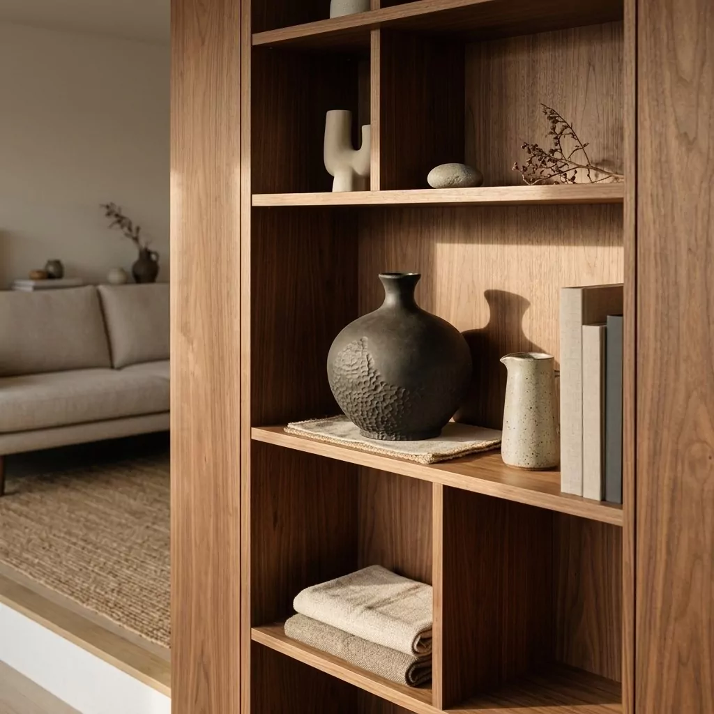 Vase boule en céramique noire mate sculptée à la main, sur une étagère en bois, pichet en grès et branchages secs