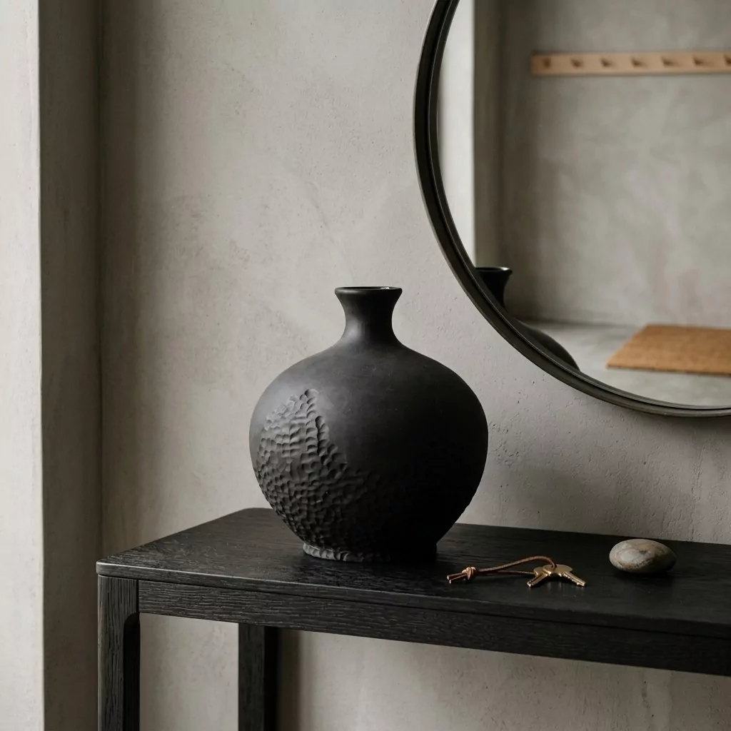 Vase boule en céramique noire mate à la panse sculptée, sur un meuble noir, miroir rond et mur enduit clair