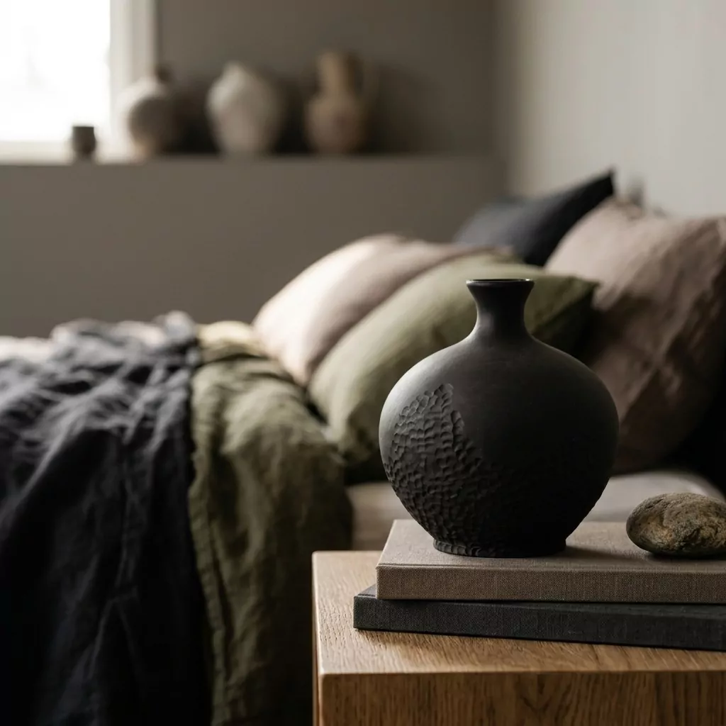 Vase boule en céramique noire mate posé sur des livres, chambre aux coussins de lin vert et rose, galet décoratif