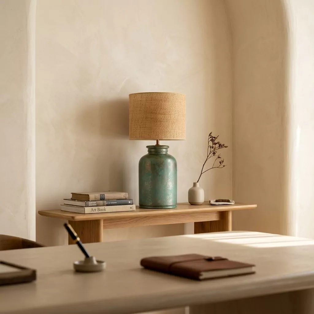 Grande lampe à poser en céramique métallisée vert turquoise, abat-jour en raffia, sur une console en bois et mur clair