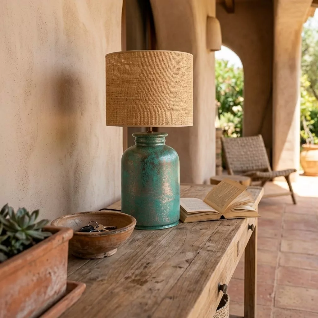 Grande lampe à poser en céramique métallisée vert turquoise sur une console en bois, mur terracotta et sol en terre cuite