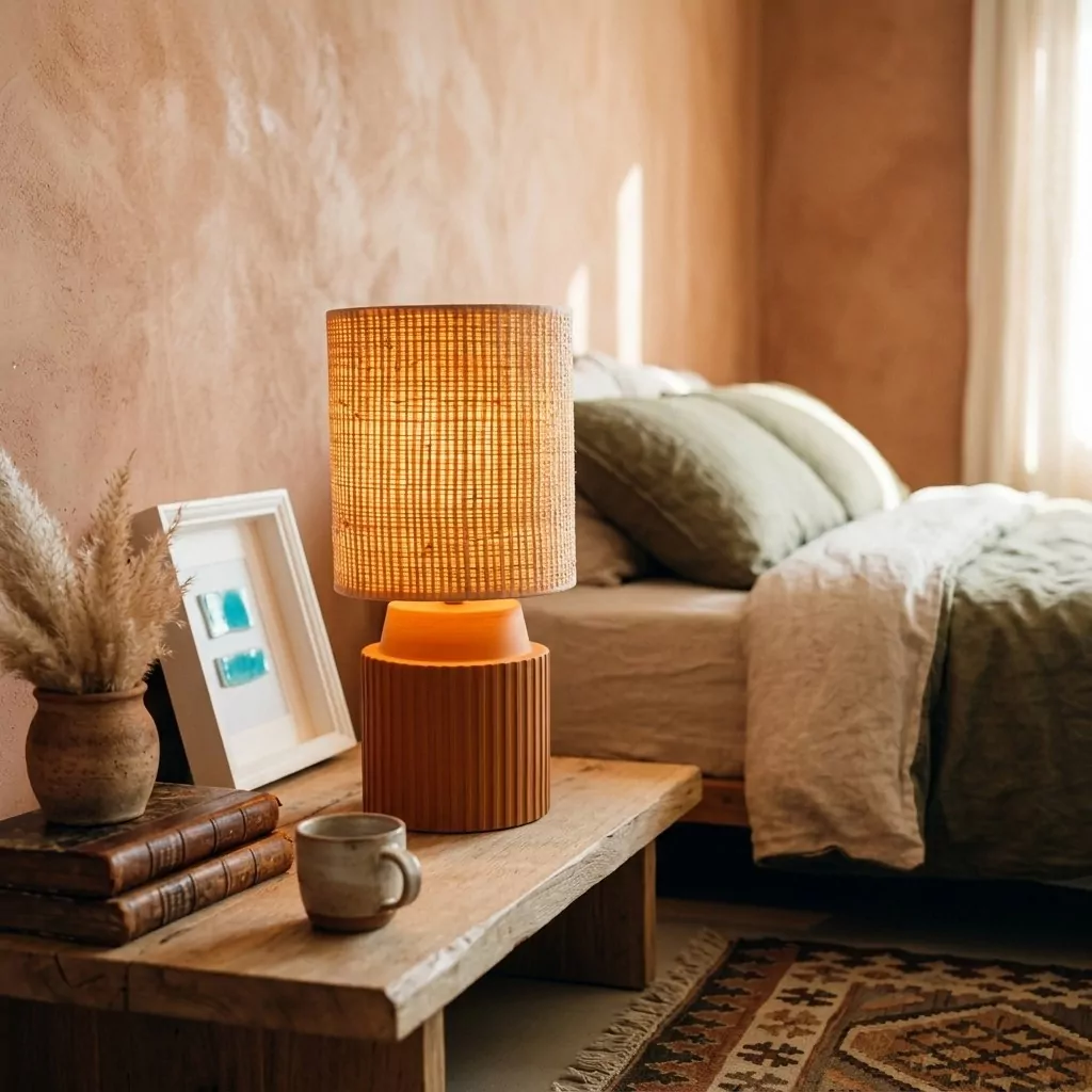 Lampe en terre cuite orange allumée sur une table de chevet en bois, lit en lin vert sauge et mur enduit terracotta
