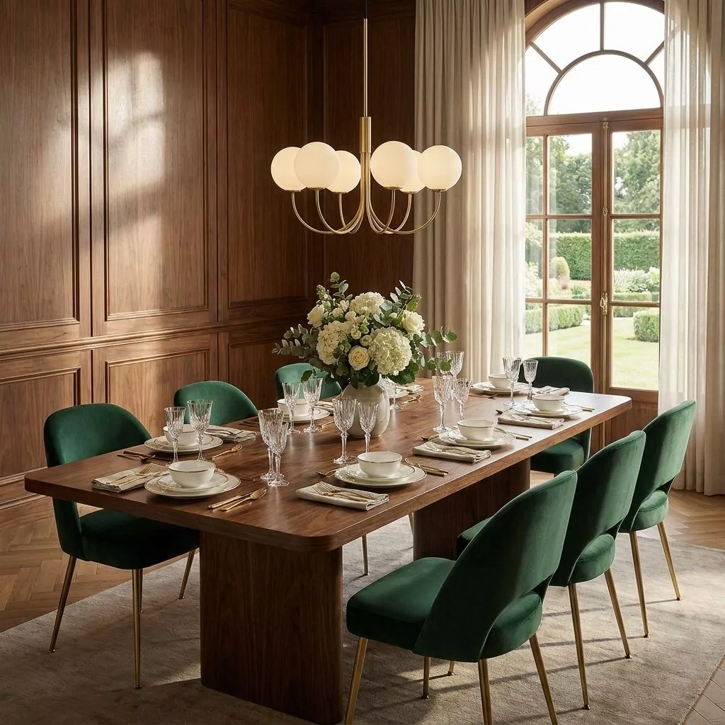 Lustre en laiton à six globes en verre opalin au-dessus d'une table en noyer, chaises en velours vert et boiserie chaude