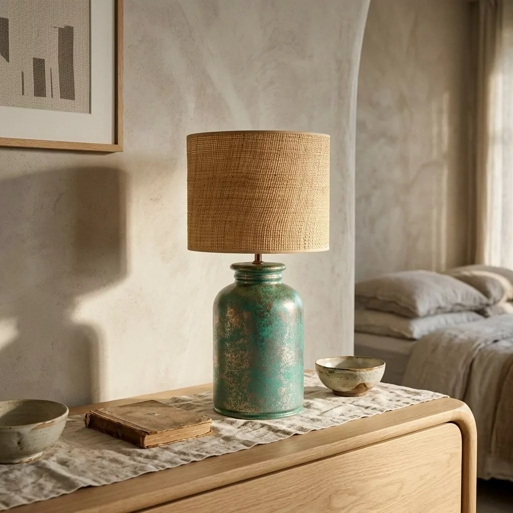 Grande lampe à poser en céramique métallisée vert turquoise, abat-jour en raffia, sur une table de chevet en bois arrondie