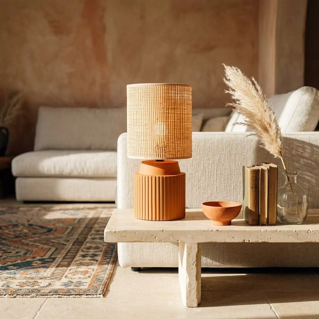 Lampe en terre cuite orange allumée sur une table basse en pierre claire, canapé en lin beige et tapis à motif