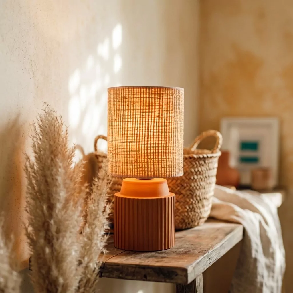 Lampe en terre cuite orange à socle cannelé posée sur un banc en bois, panier en fibre tressée et herbes séchées