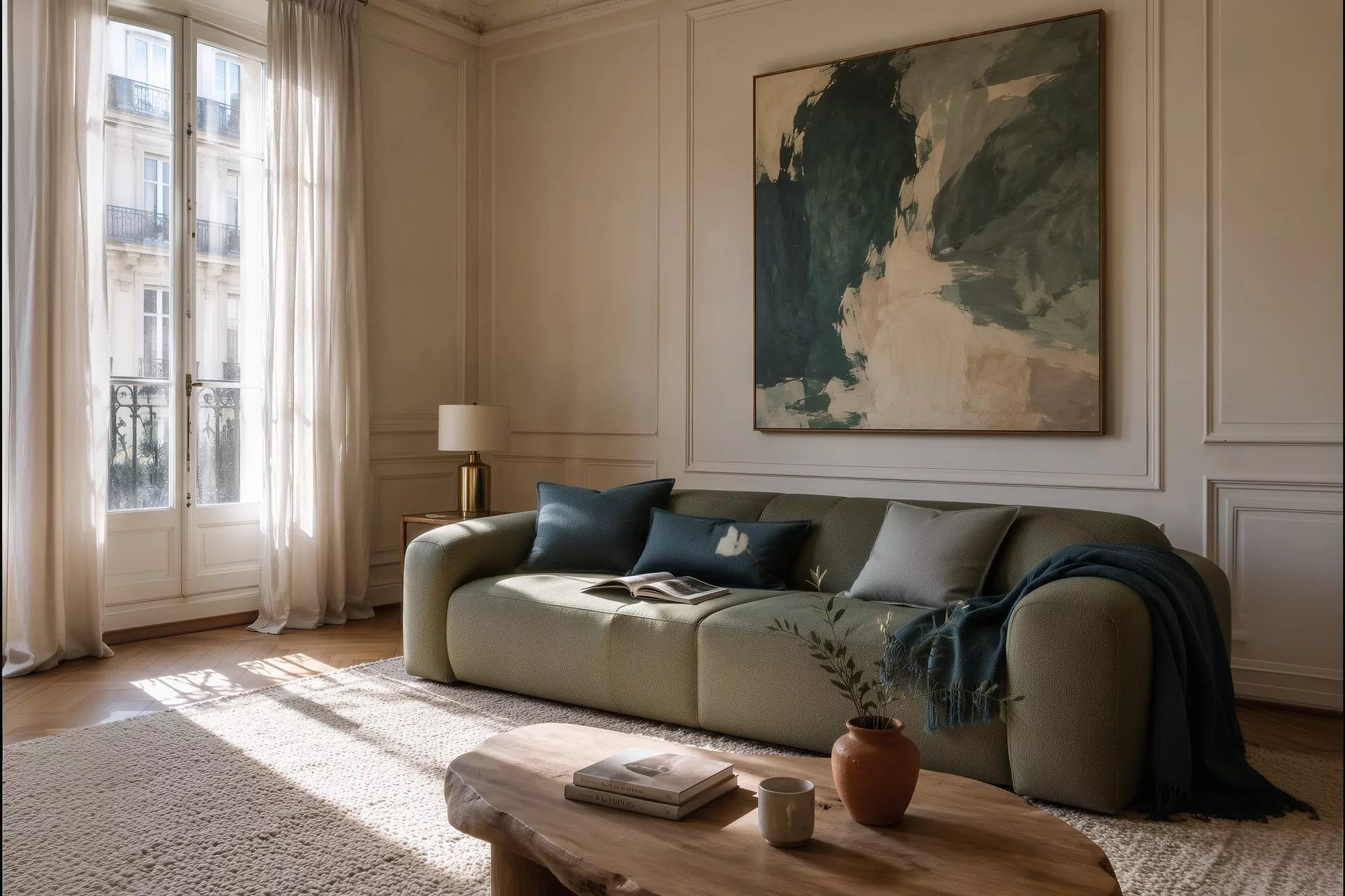 Salon haussmannien en harmonie de couleurs, canapé vert sauge aux coussins bleu-vert profond, grande toile abstraite verte, table basse en bois brut, vase terracotta et lampe laiton, moulures écru et parquet à chevrons