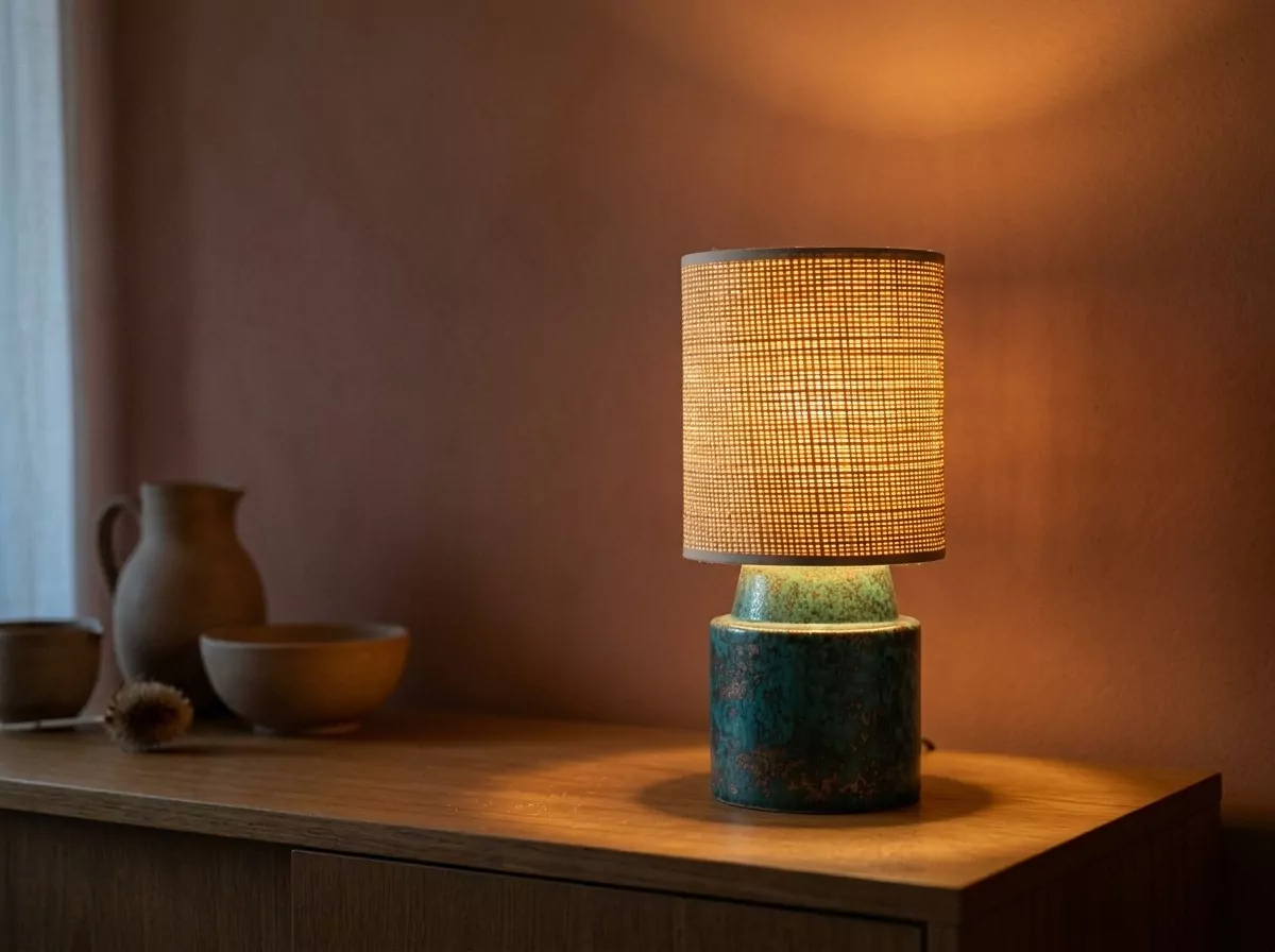 Petite lampe turquoise vert-de-gris en céramique patinée allumée sur un buffet en bois, abat-jour raphia tressé main, mur terre cuite au crépuscule