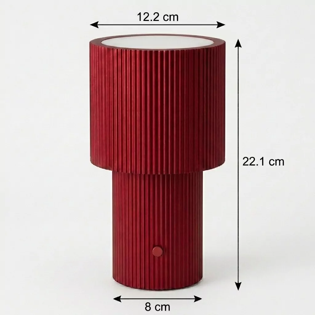 Schéma technique de la lampe à poser cannelée avec cotes : Diamètre 12,2 cm en haut, 8 cm en bas, Hauteur 22,1 cm.