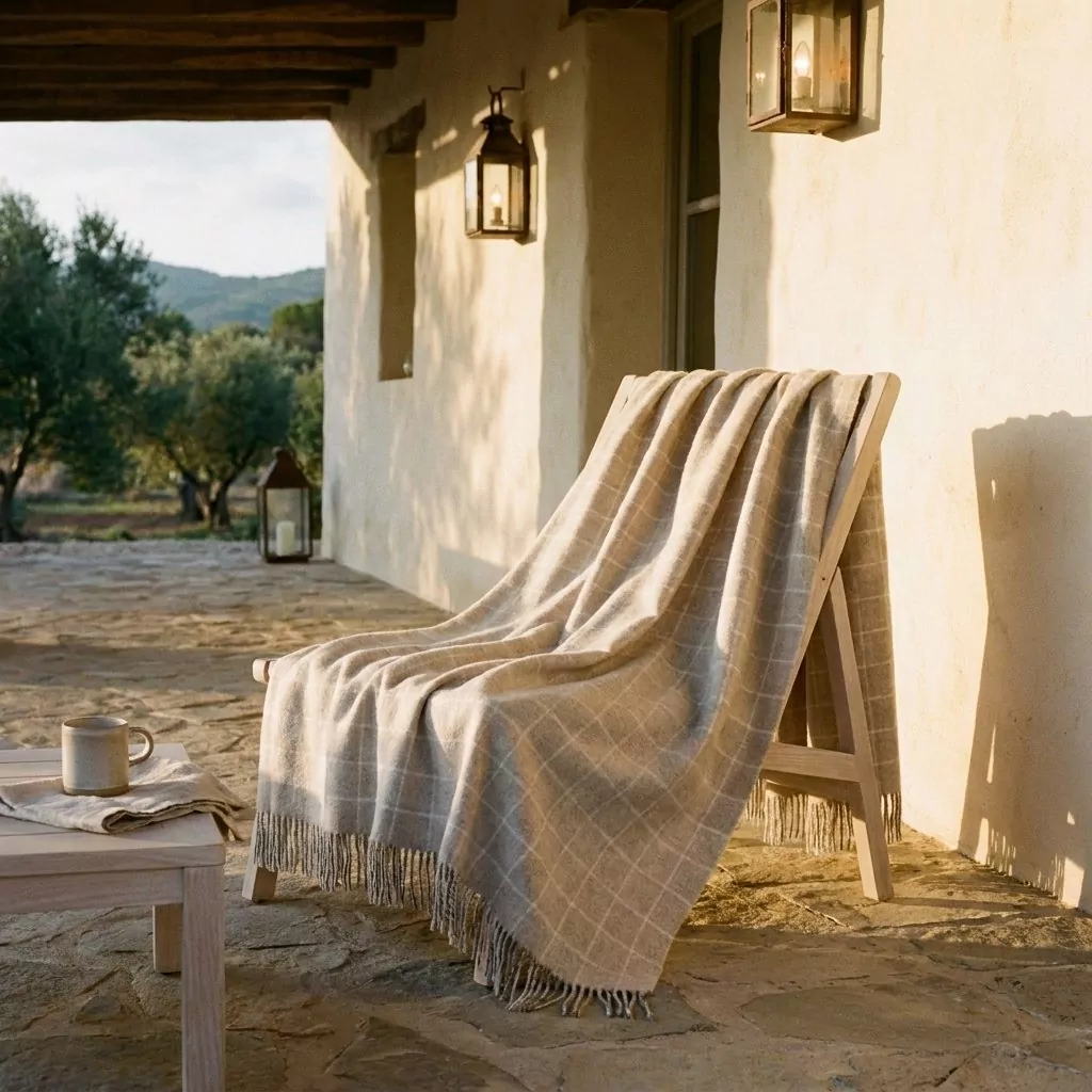 Plaid gris clair à fins carreaux écru jeté sur une chaise en bois, terrasse en pierre et lanternes au soleil couchant