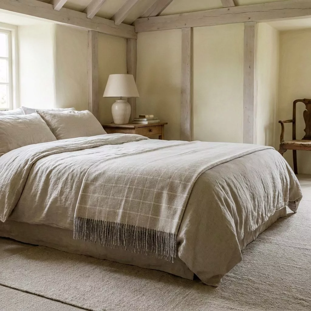 Plaid gris clair à carreaux écru posé au pied d'un lit habillé de lin, chambre aux poutres blanchies et lampe en céramique