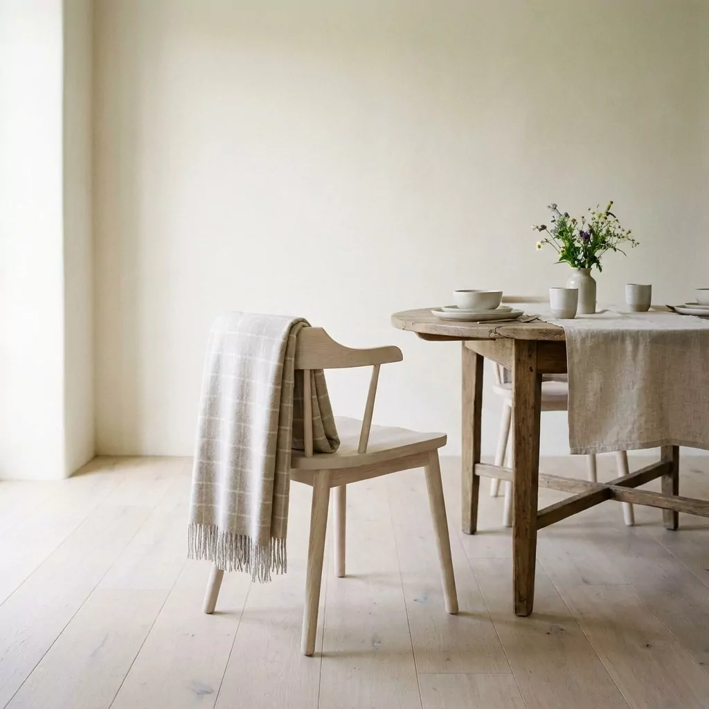 Plaid gris clair à carreaux écru sur le dossier d'une chaise en bois clair, table ronde dressée et bouquet de fleurs
