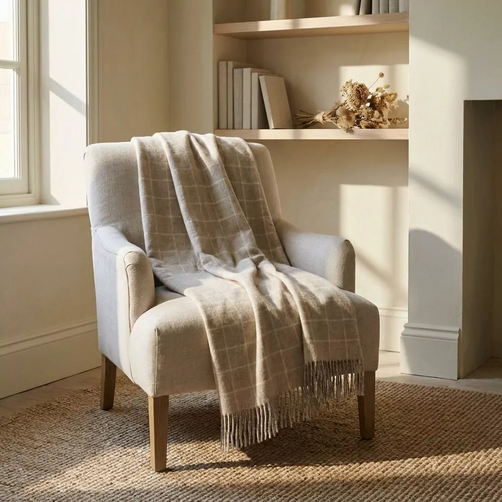 Plaid gris clair à carreaux écru jeté sur un fauteuil en lin, bibliothèque murale et tapis de jute en fond