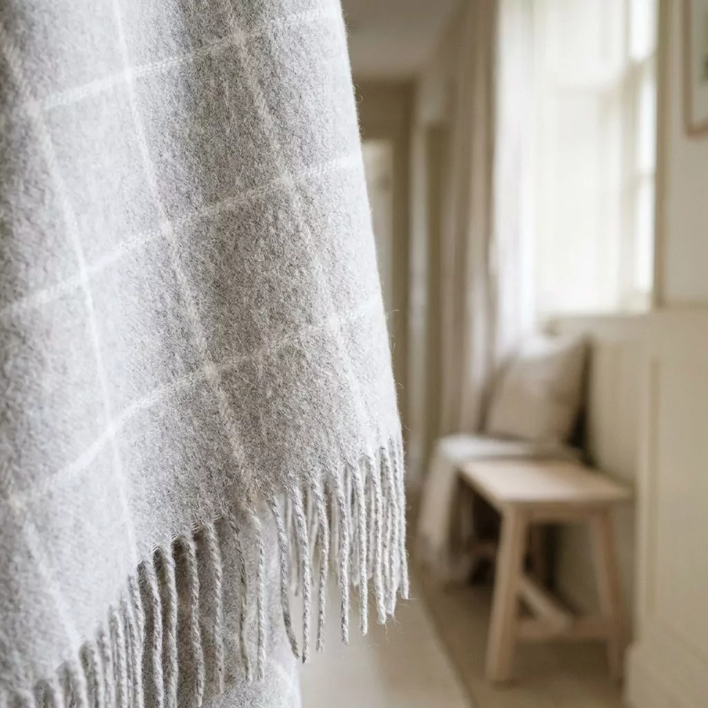 Détail du plaid gris clair à fins carreaux écru suspendu, franges de laine en bas, couloir lumineux et banc en bois